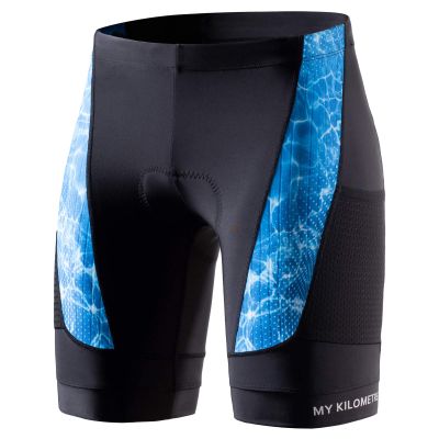 MY KILOMETRE Mens Triathlon Shorts with Adjustable Drawstring Easy Reach Leg Pockets Chamois for Long-Distance Tri Race (Black/SkyBlue Small)