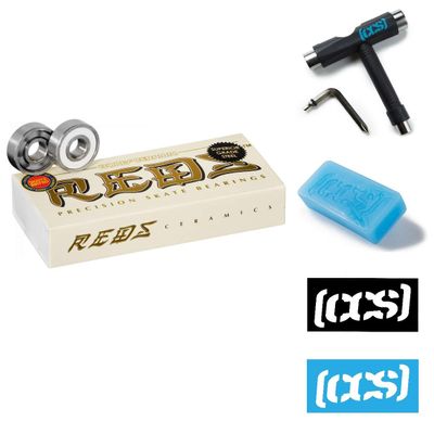Bones Ceramic Super Reds 16 Pack - 8mm with CCS Skateboard Tool, Wax, and Stickers