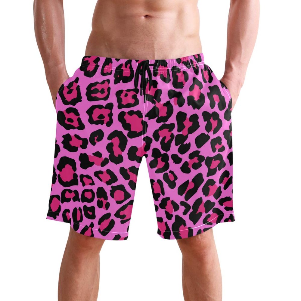visesunny Hot Summer Leopard Print Beach Shorts Men Swim Trunks Sports Running Bathing Suits with Mesh Lining