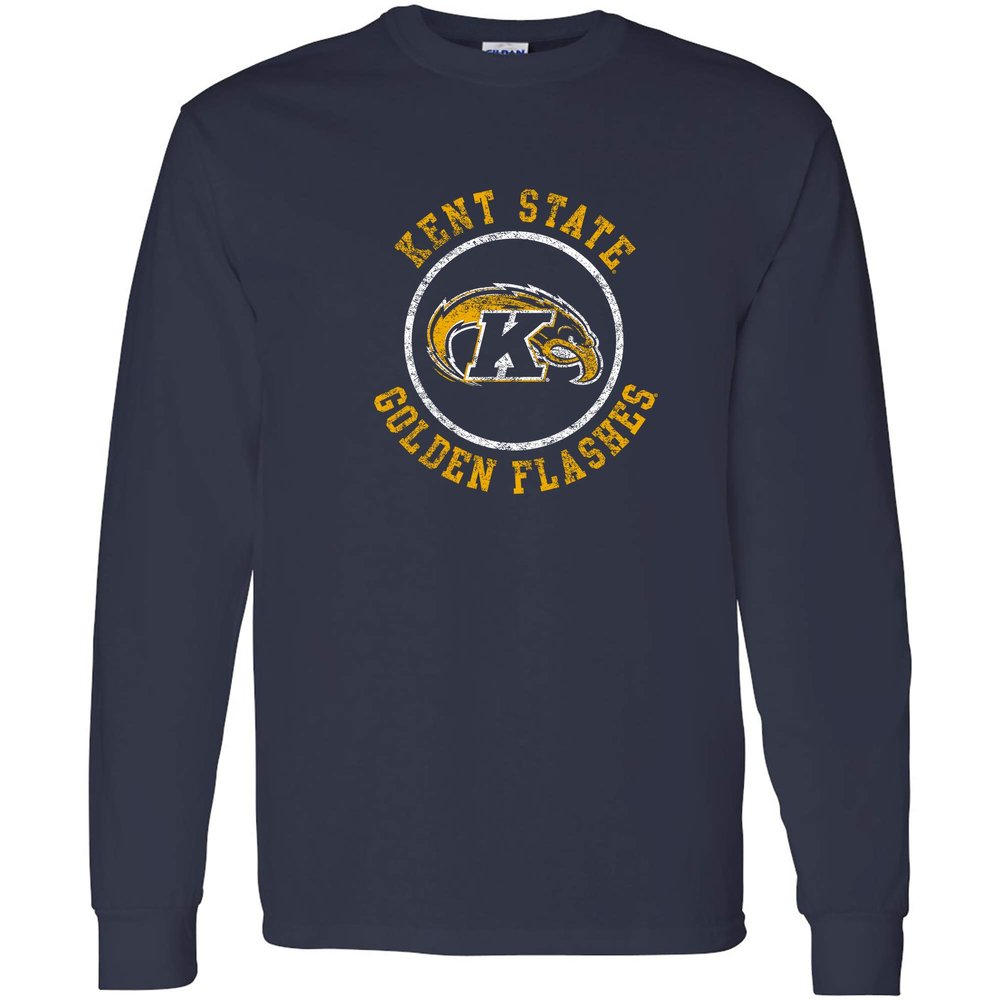 AL04 - Kent State Golden Flashes Distressed Circle Logo Long Sleeve - 2X-Large - Navy