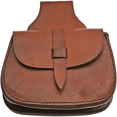 Pakistan SZCO Medieval Leather Belt Pouch 8"x 6" Handmade Brown Leather Bag with Belt Loop for LARP, Cosplay & Costume Accessory