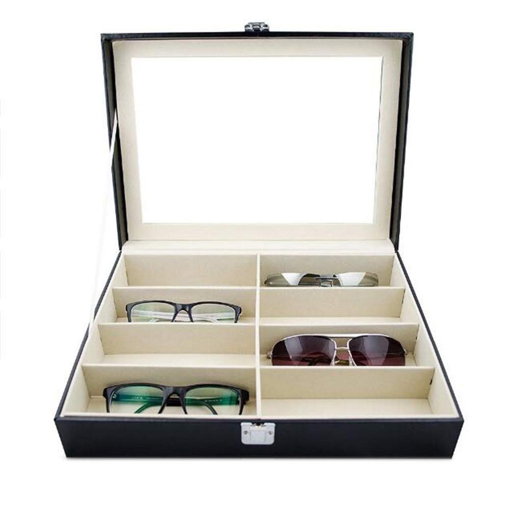 8 slots PU Leather Sunglass Storage Box Display Case,Eyeglasses Organizer Sorting Box,Glasses Eyewear Storage Case,Eyeglasses Storage Rack Holder Container,Jewelry Watches Show Case Rack Display Tray