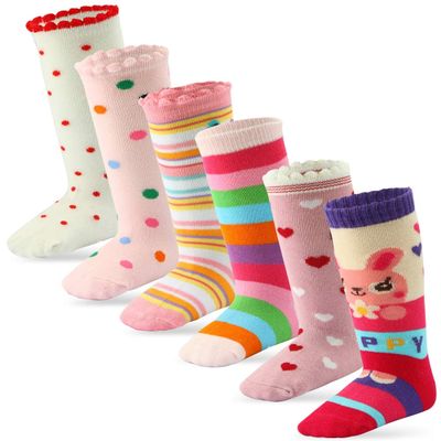 Cottock Toddler Girl Knee High Grip Socks - 6 Pairs, Anti Slip School Socks for Kids Girl (5-7 Years)