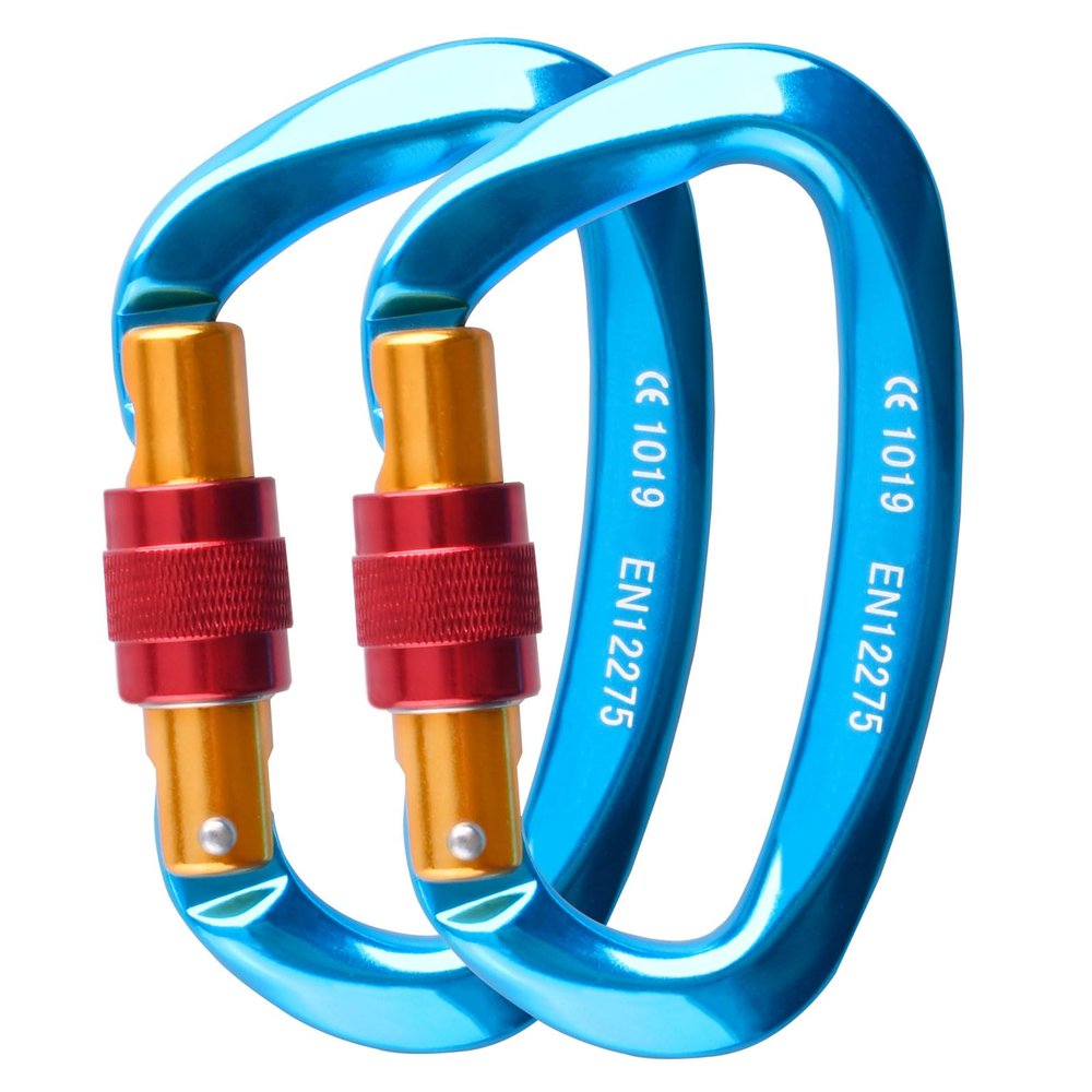 Azarxis Rock Climbing Carabiner Clips, 25 kN Aluminium D Ring Heavy Duty Lightweight Caribeaners for Hammock Camping Hiking Outdoor Gym Dog Leash Backpack Harness (25kN - Screwgate - Blue - 2 PCS)