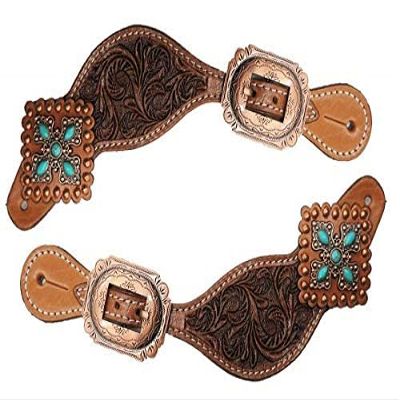 Showman Ladies Tooled Leather Spur Straps w/Vintage Turquoise Stone Conchos