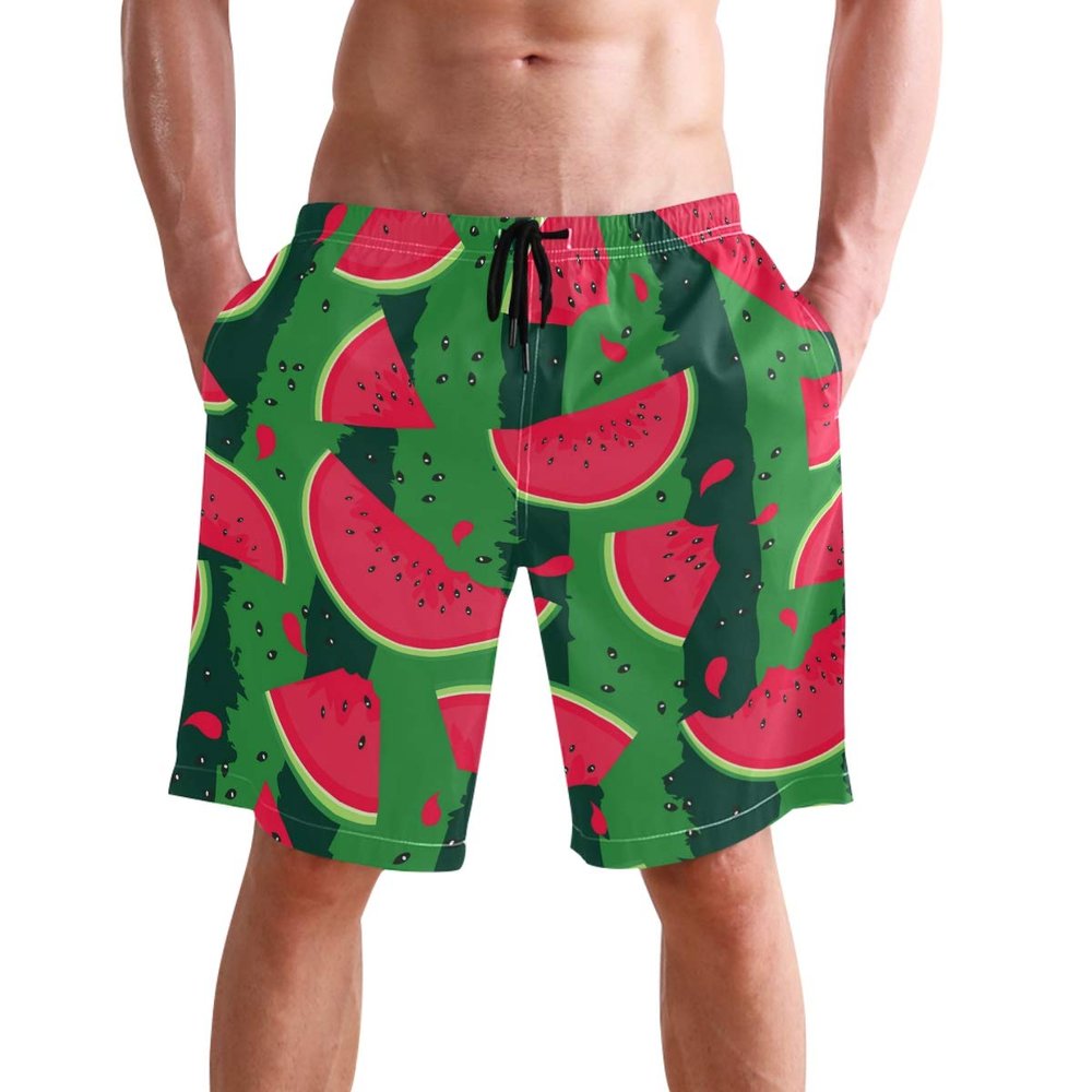 visesunny Summer Red Watermelon Print Men's Beach Shorts Swim Trunks Sports Swimming Bathing Suits with Mesh Lining