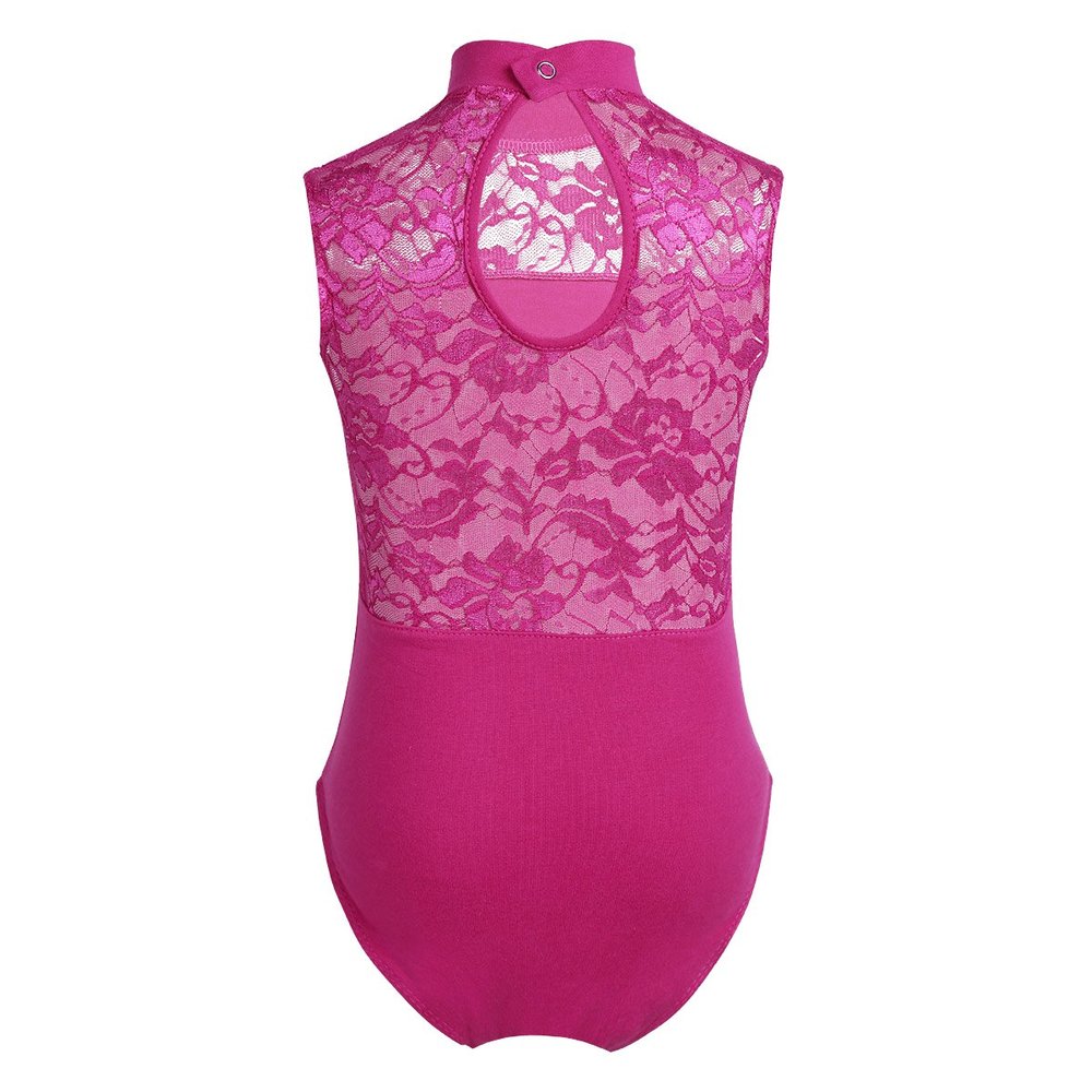 Alvivi Kids Girls Floral Lace Splice Back Turtle/Halter Neck Ballet Dance Leotard Gymnastics Sports Tank Tops Lace Back Rose Red 8-10