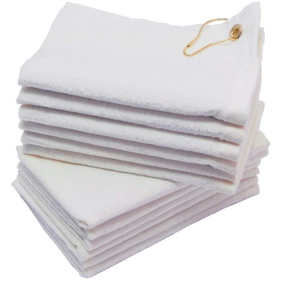 SHOPINUSA Set of 12, Terry Velour Golf Towels Corner Grommet & Hook, 11x18 Fingertip Towels, 100% Cotton Sport Towels (12, White)