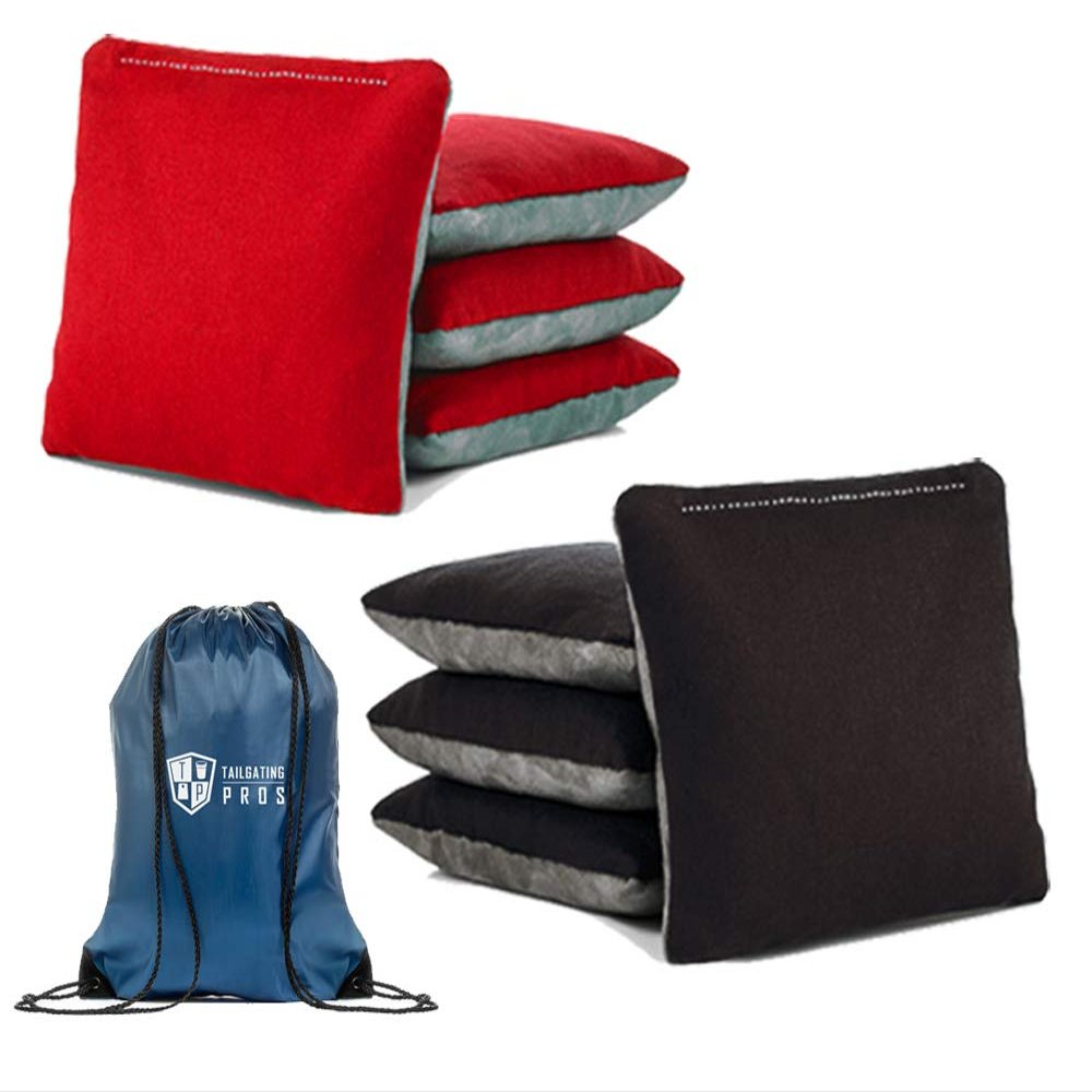 Tailgating Pros Pro-Style Two-Sided Cornhole Bags with Bag Tote- Slick & Stick Resin Filled Suede and Duck Canvas Set of 8-20+ Color Combos (Red/Grey Suede & Black/Grey Suede)