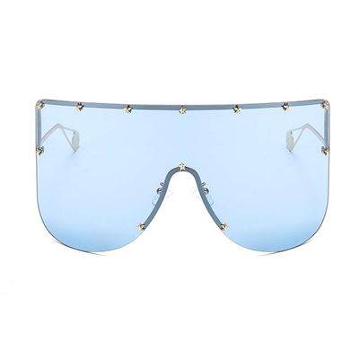 Armear Women Huge Oversized Shield Visor Sunglasses Blue Lens Futuristic Star on Frame Sun Face Mask