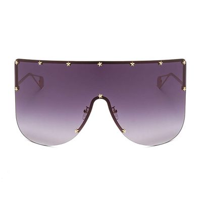 Armear Women Huge Oversized Shield Visor Sunglasses Gradient Grey Lens Futuristic Star on Frame Sun Face Mask