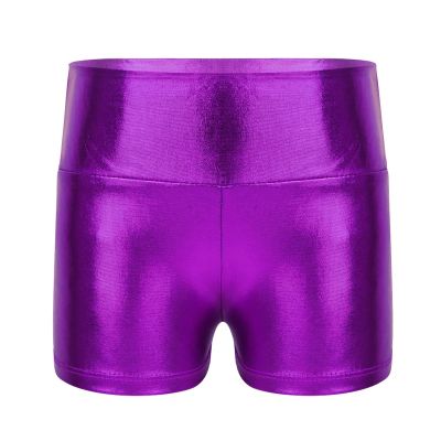 Freebily Big Girls Metallic Boy-Cut Yoga Shorts Gymnastics Dance Sports Active Wear (Purple(High Waist), 10)