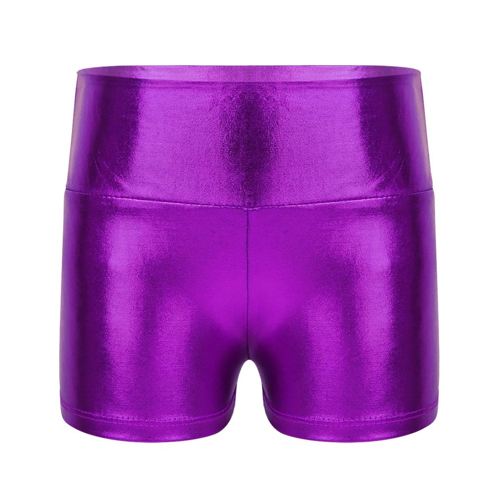 Freebily Big Girls Metallic Boy-Cut Yoga Shorts Gymnastics Dance Sports Active Wear (Purple(High Waist), 10)