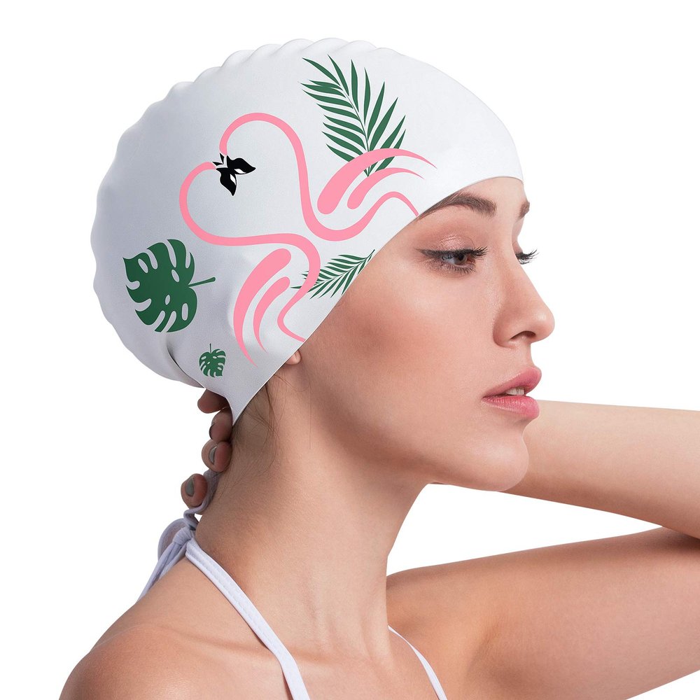 COPOZZ Womens Swim Cap for All Hair - Large, Comfortable Silicone Swimming Cap, Waterproof Design for Long, Short, Thick & Curly Hair | Secure & Comfortable Fit (Flamingo-12yrs+)