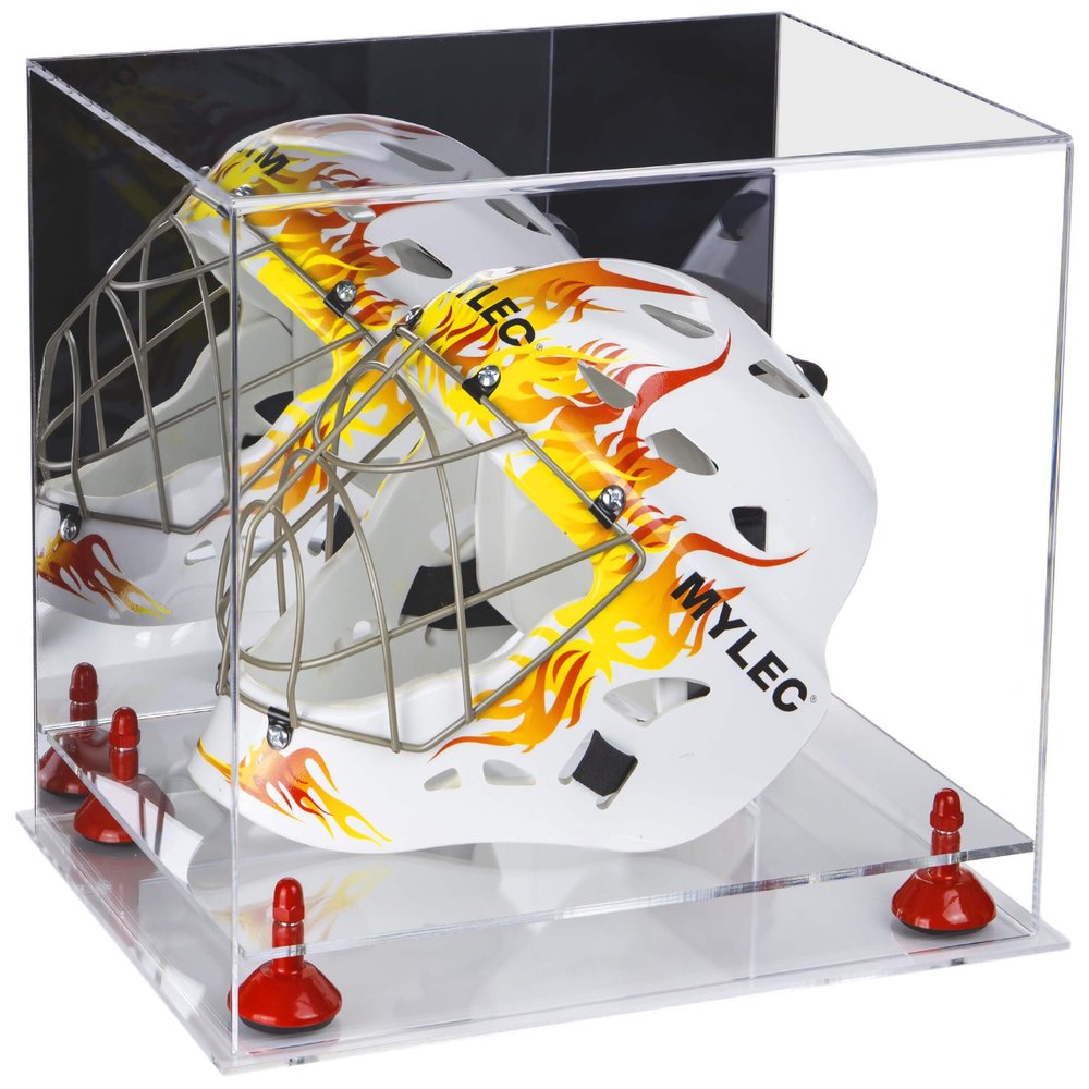 Better Display Cases Acrylic Lacrosse Helmet Display Case with Mirror, Red Risers and Clear Base (A002-RR)