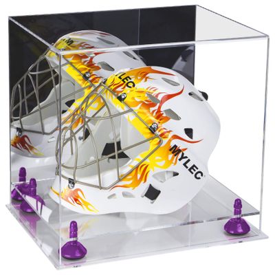 Better Display Cases Acrylic Lacrosse Helmet Display Case with Mirror, Purple Risers and Clear Base (A002-PR)