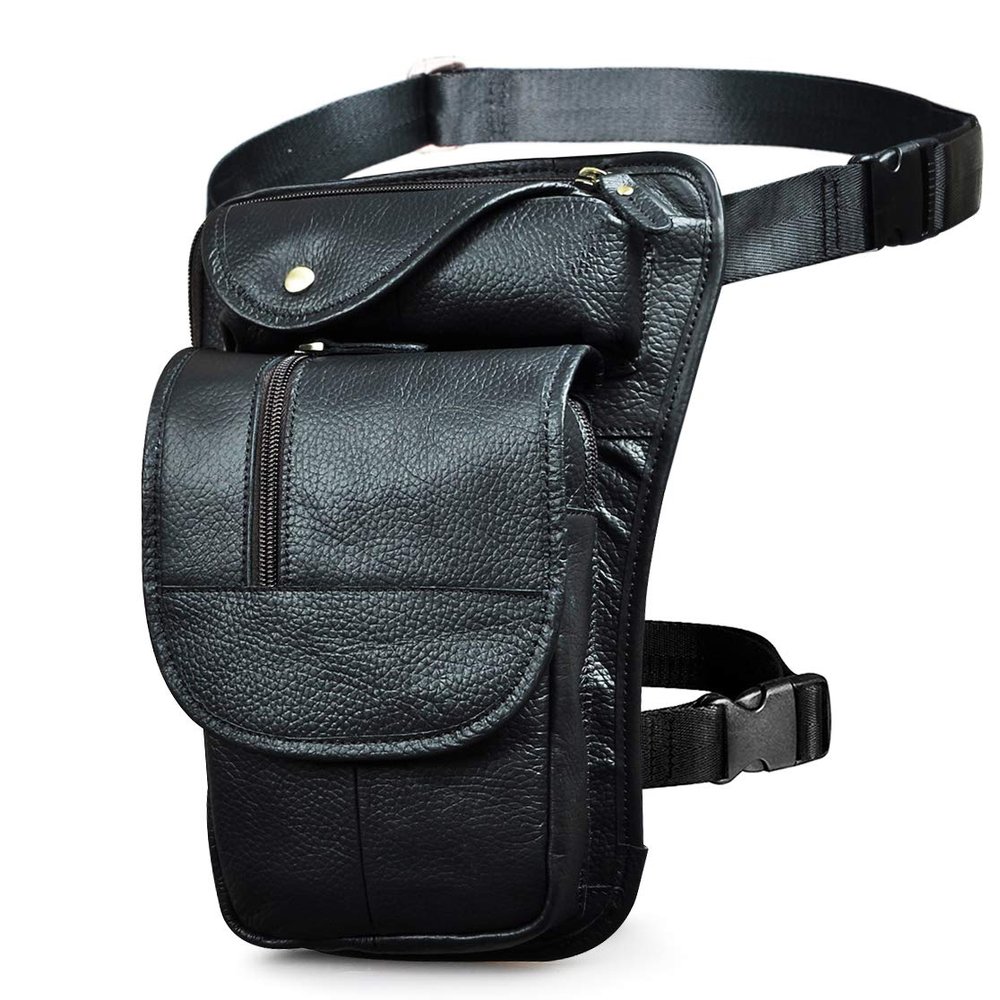 Le'aokuu Mens Genuine Leather Bike Cycling Waist Hip Bum Pack Drop Leg Bag(X3112 Black)
