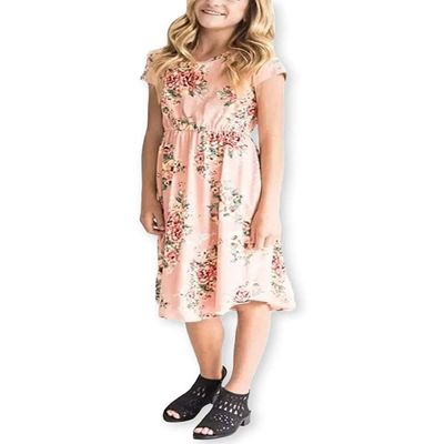 21KIDS Girls Floral Maxi Dress Short Sleeve Summer Dress with Pockets, Pink, 12 Years
