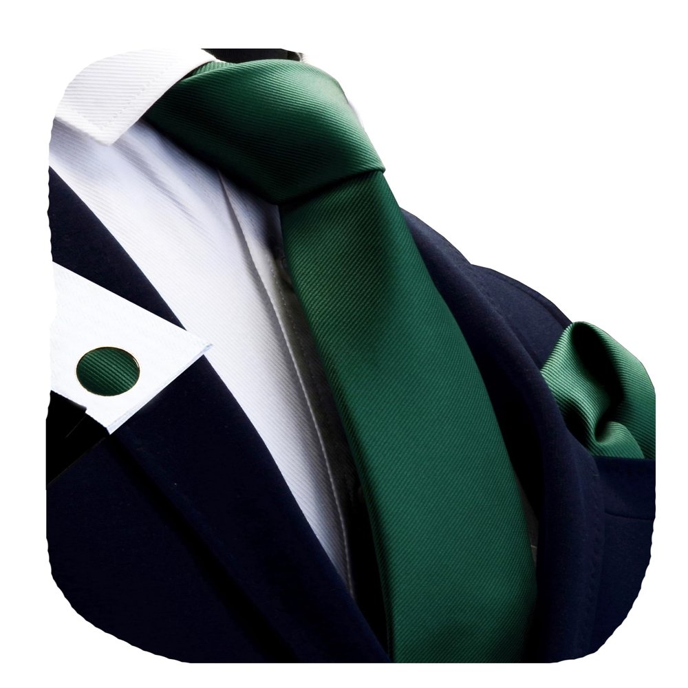 GUSLESON Brand Solid Dark Green Wedding Ties For Men Neckties and Pocket Square Cufflinks Sets(0789-02)