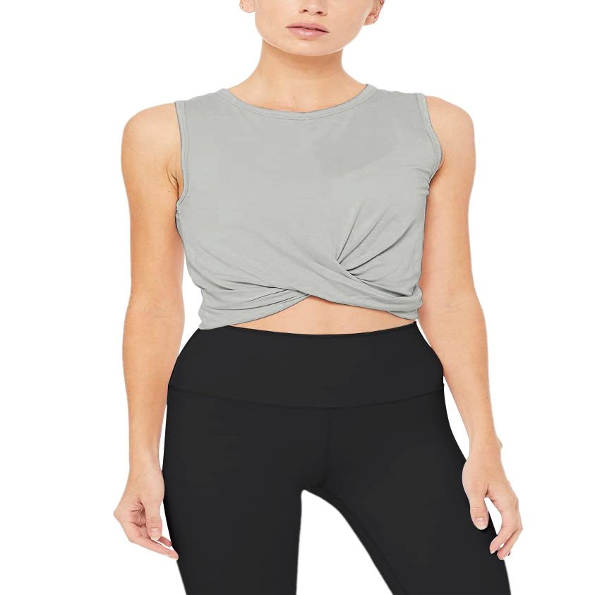Bestisun Cropped Tops Workout Yoga Shirts Twist Front Athletic Wear Muscle Tank for Women Gray XS