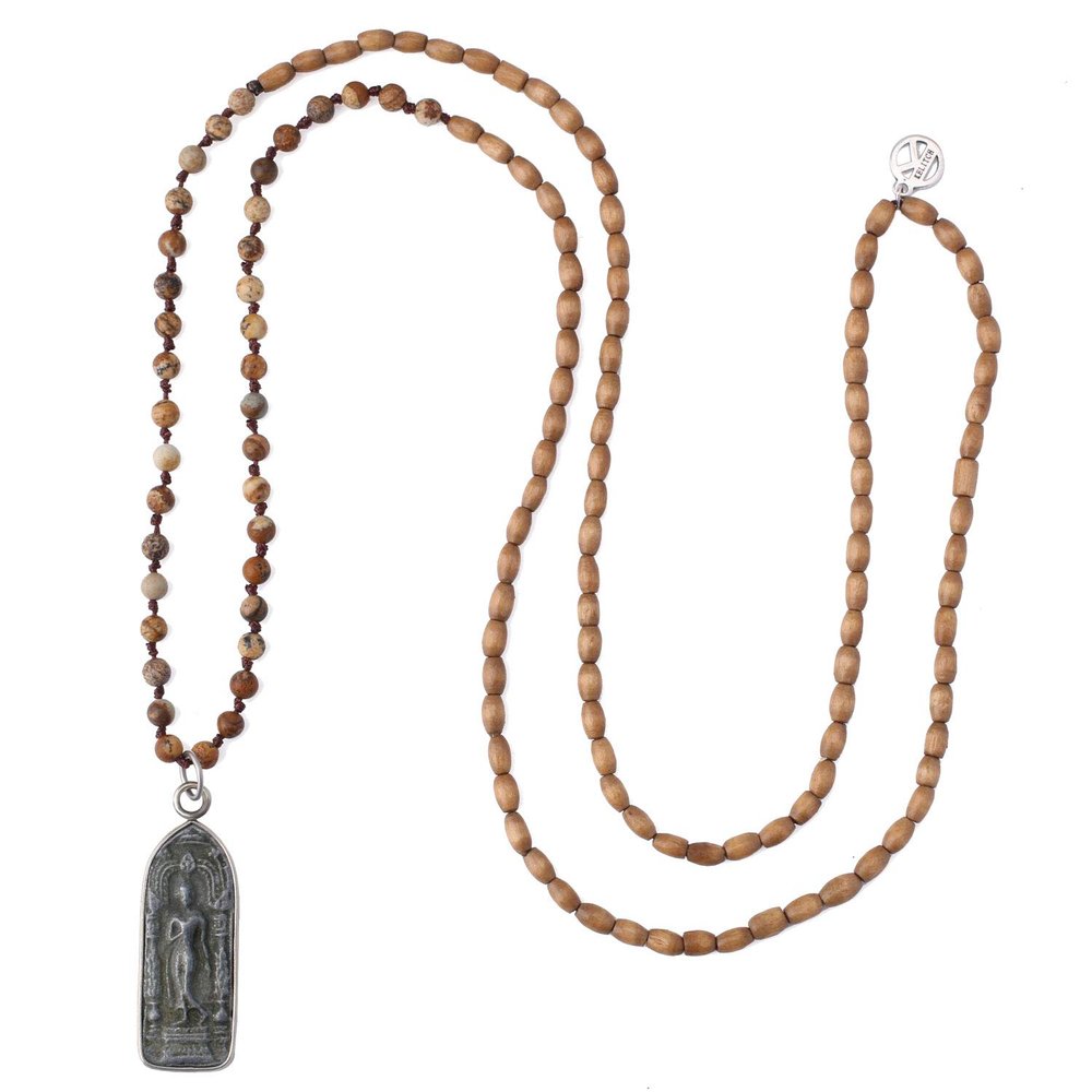 KELITCH Buddha Pendant Necklaces Natural Stone Beaded Necklaces Handmade Long Chain Strands Necklaces Jewelry for Women (Brown C)