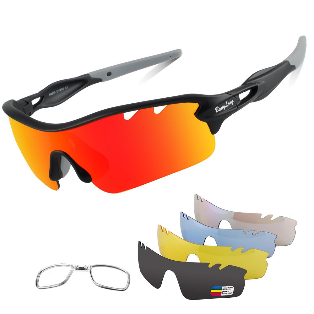 BangLong Polarized Sports Sunglasses Cycling Sun Glasses for Men Women with 5 Interchangeable Lenes for Running Baseball Golf