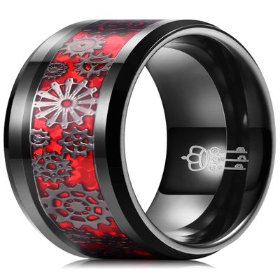 THREE KEYS JEWELRY Mens Gear Tungsten Carbide Unisex Wedding Bands Rings for Men 8mm Comfort Fit Vintage Punk Mechanical Foil Meteorite Inlay Red Black Size 6.5