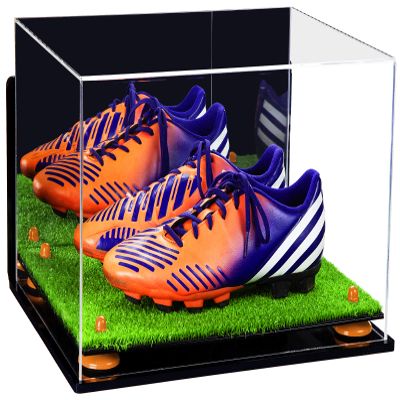 Better Display Cases Acrylic Large Shoe Pair Display Case for Basketball Shoes Soccer Cleats Football Cleats with Mirror, Wall Mount, Orange Risers and Turf Base (A082-OR)