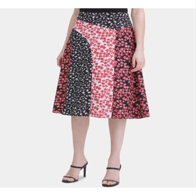 Calvin Klein Women's Angle Hem Printed Skirt, Black/White/Red, 2
