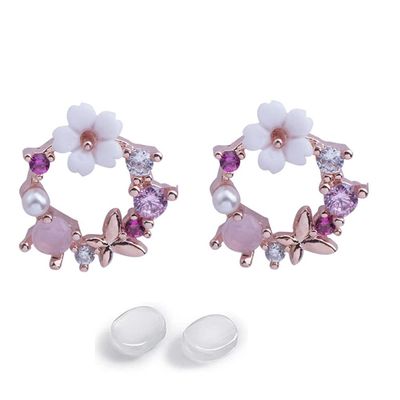 GRACE JUN Rose Gold Color Small Circle Butterfly Flower Clip on Earrings No Pierced for Women Party Wedding Charm Ear Clip (J664)