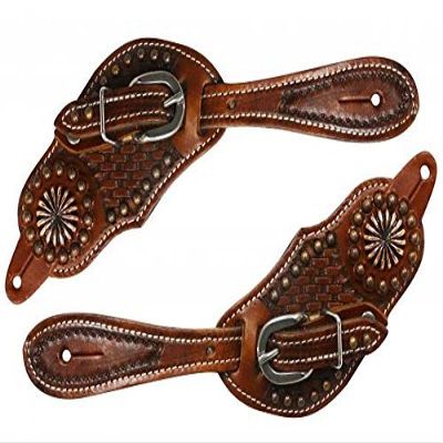 Showman Youth Basket Weave Tooled Leather Spur Straps w/Copper Accents