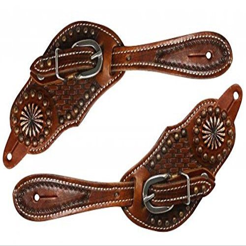 Showman Youth Basket Weave Tooled Leather Spur Straps w/Copper Accents