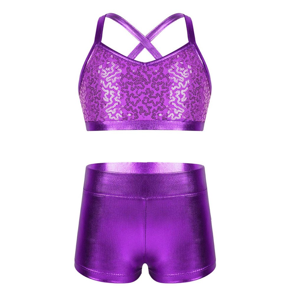 Alvivi Kids Girls Sports Dance Crop Top with Booty Shorts Outfit Costumes Gymnastics Leotard Dancing (Shiny Purple, 7-8)