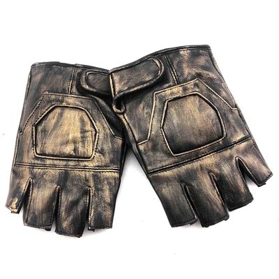 Men Vintage Real Leather Steampunk Fingerless Gloves Cosplay Custume Biker Motorcycel Gloves (XL)