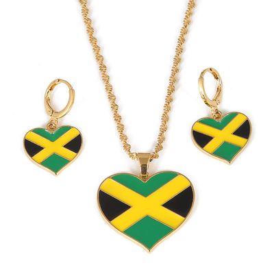Jamaica Heart Map National Flag Pendant Necklaces Earrings Jewelry Jamaican Gifts (Pendant Earrings Set)