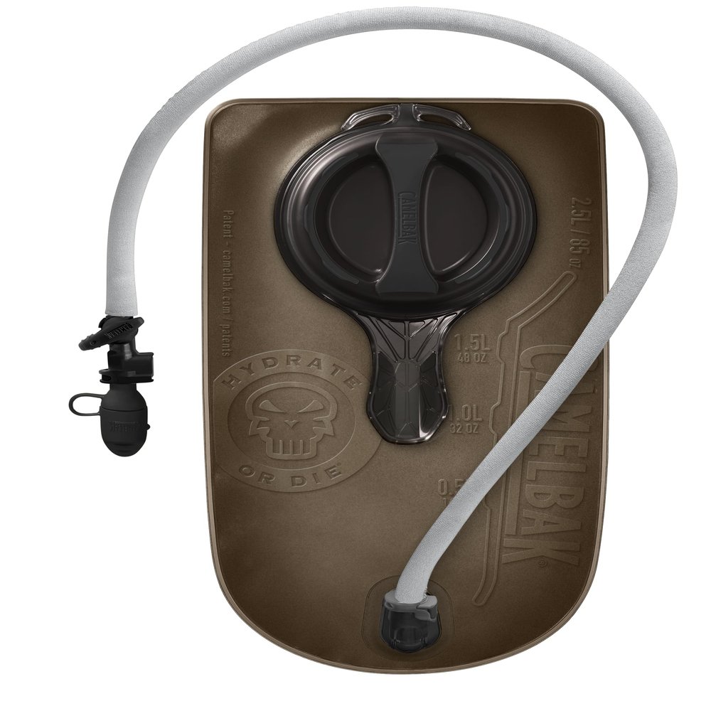 CamelBak Mil Spec Crux 85oz/2.5L Reservoir with Brown Tube Cover - Tactical Hydration Bladder - Faster Water Flow Rate - Leak-Proof Water Bladder - Ergonomic Shape - Big Bite Valve - BPA-Free, Brown