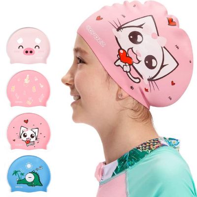 COPOZZ Kids Swim Caps, Silicone Waterproof Comfy Swimming Cap Hat for Children Boys Girls Aged 5-12