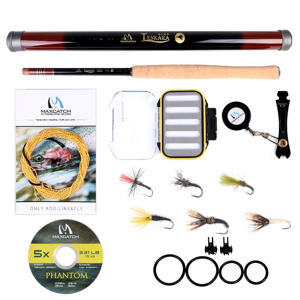 M MAXIMUMCATCH Maxcatch Tenkara Fly Fishing Rod Combo Complete Kit 11/12/13ft(Telescoping Carbon Tenkara Rod, Line, Tippet, Flies, Line Nipper, Hook Keepers) (Rod Combo, 11ft)