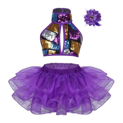 easyforever Kids Girls 3PCS Sequined Ballet Jazz Dance Outfit Halter Crop Top with Tutu Skirt Hair Clip Set Purple 8-10