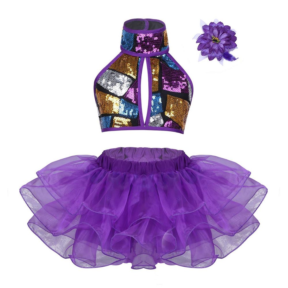 easyforever Kids Girls 3PCS Sequined Ballet Jazz Dance Outfit Halter Crop Top with Tutu Skirt Hair Clip Set Purple 8-10