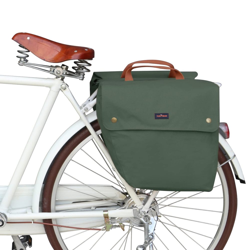 TOURBON Double Cycling Bike Bicycle Pannier Bags for Rear Rack (Water-resistant Canvas, Roll-up)