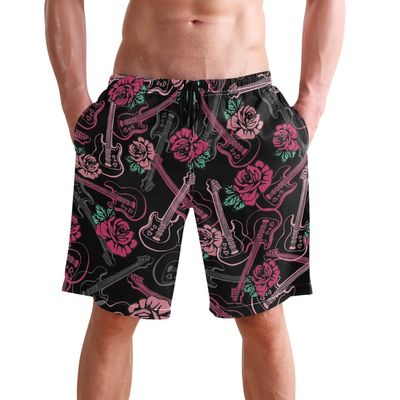 visesunny Red Rose Guitar Print Mens Beach Shorts Summer Swim Trunks Sports Running Bathing Suits with Mesh Lining