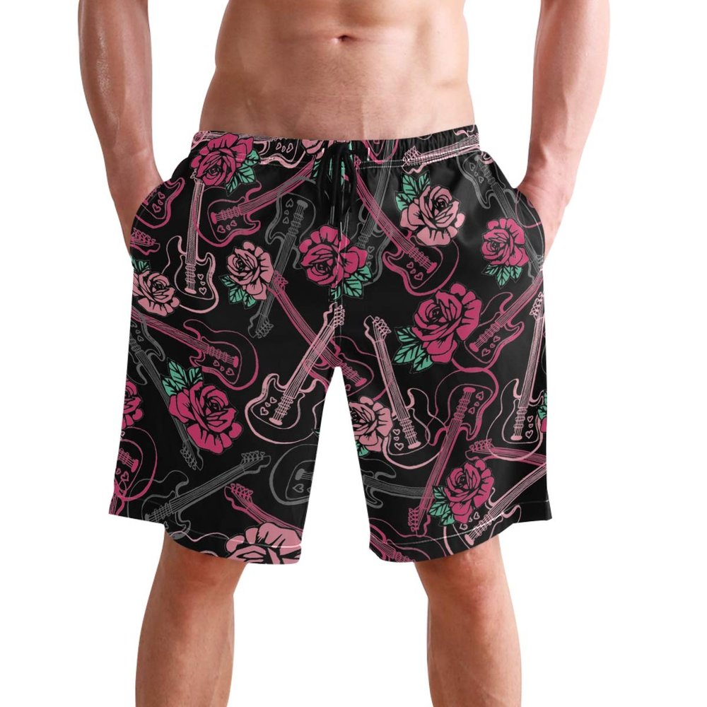visesunny Red Rose Guitar Print Mens Beach Shorts Summer Swim Trunks Sports Running Bathing Suits with Mesh Lining