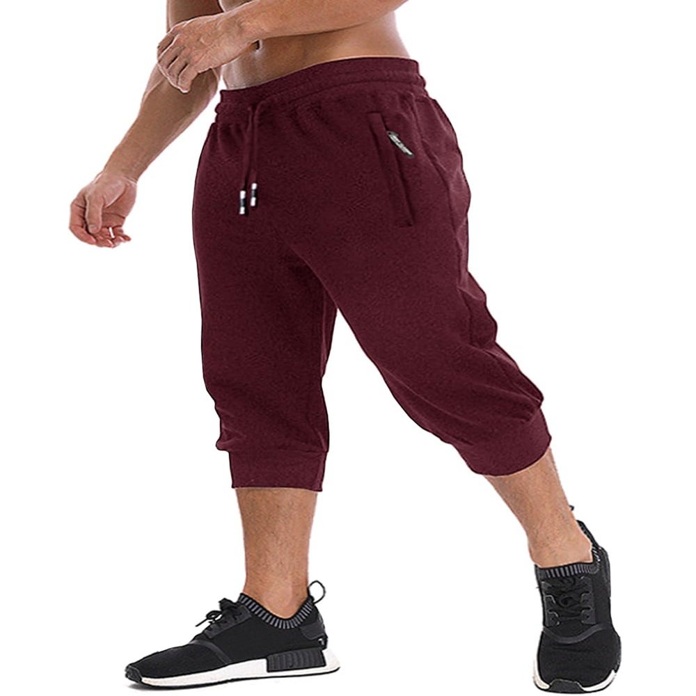 MAGNIVIT Men's 3/4 Joggers Gym Workout Training Sweatpants with Zipper Pockets 3/4 Pants Jogger Sweatpant Capris for Men Burgundy