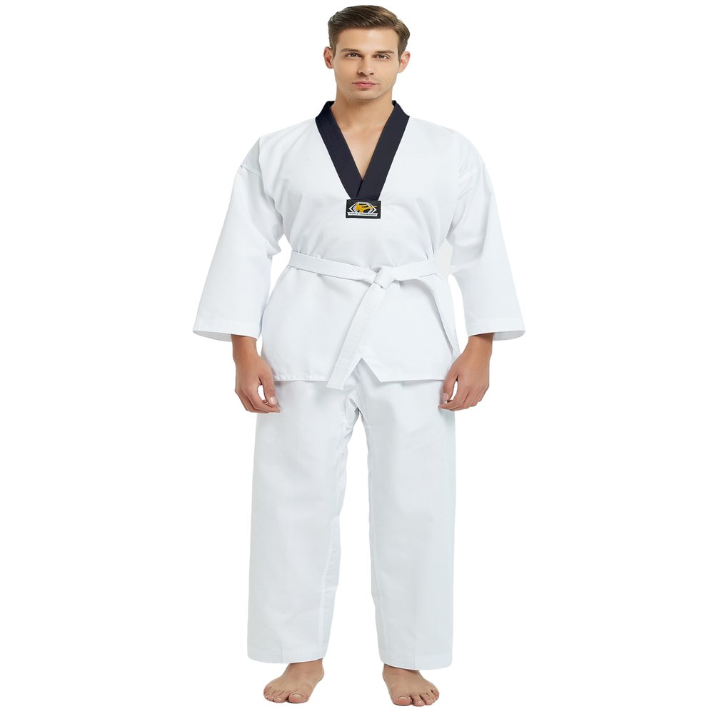 TopTie V-Neck Taekwondo Uniform for Kids Adults, TKD Dobok Uniform Martial Arts Uniform with Belt-black trim-Size 2
