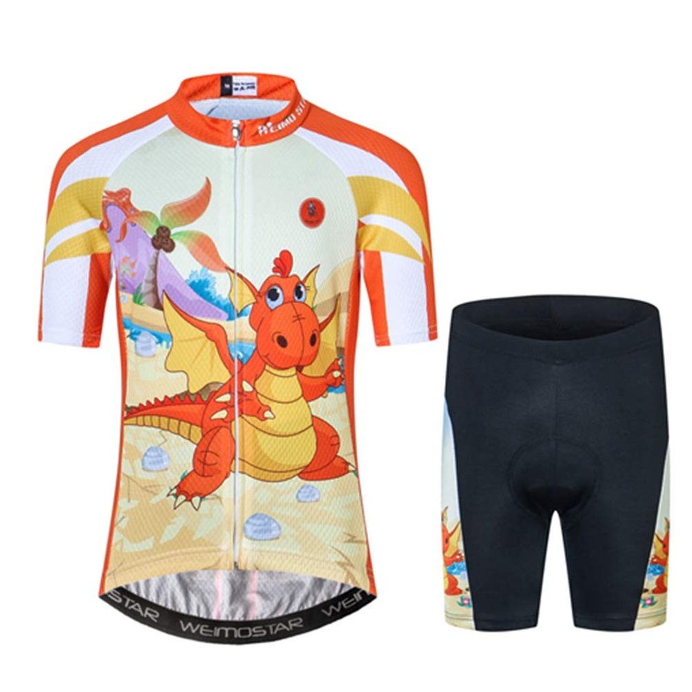 Children Bike Clothing Riding Summer Cycling Jersey Shorts Padded Bicycle Sportswear Dinosaur Orange L