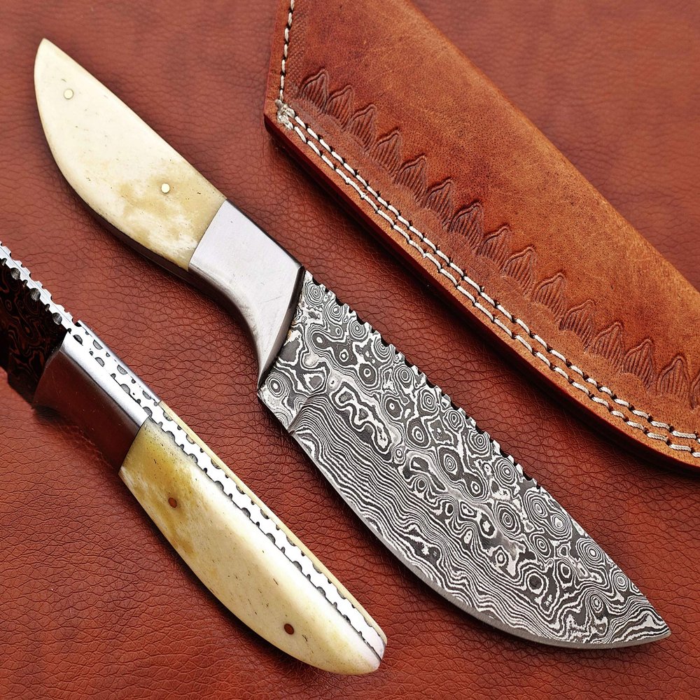 9.5" Walnut wood scale with steel bolster skinning Knife, full tang blade Rain drop pattern straight back hand forged Damascus steel, Cow Leather sheath (White)