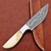 9.5" Walnut wood scale with steel bolster skinning Knife, full tang blade Rain drop pattern straight back hand forged Damascus steel, Cow Leather sheath (White) view 2