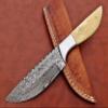 9.5" Walnut wood scale with steel bolster skinning Knife, full tang blade Rain drop pattern straight back hand forged Damascus steel, Cow Leather sheath (White) view 3