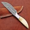 9.5" Walnut wood scale with steel bolster skinning Knife, full tang blade Rain drop pattern straight back hand forged Damascus steel, Cow Leather sheath (White) view 4